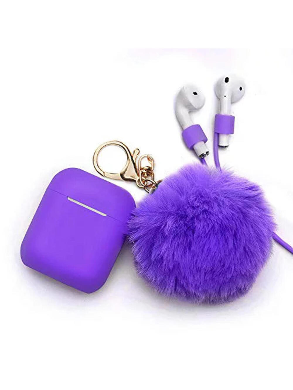 Purple Fur Pom Pom Apple AirPods Case 1/2 Silicone Shockproof Full Cover